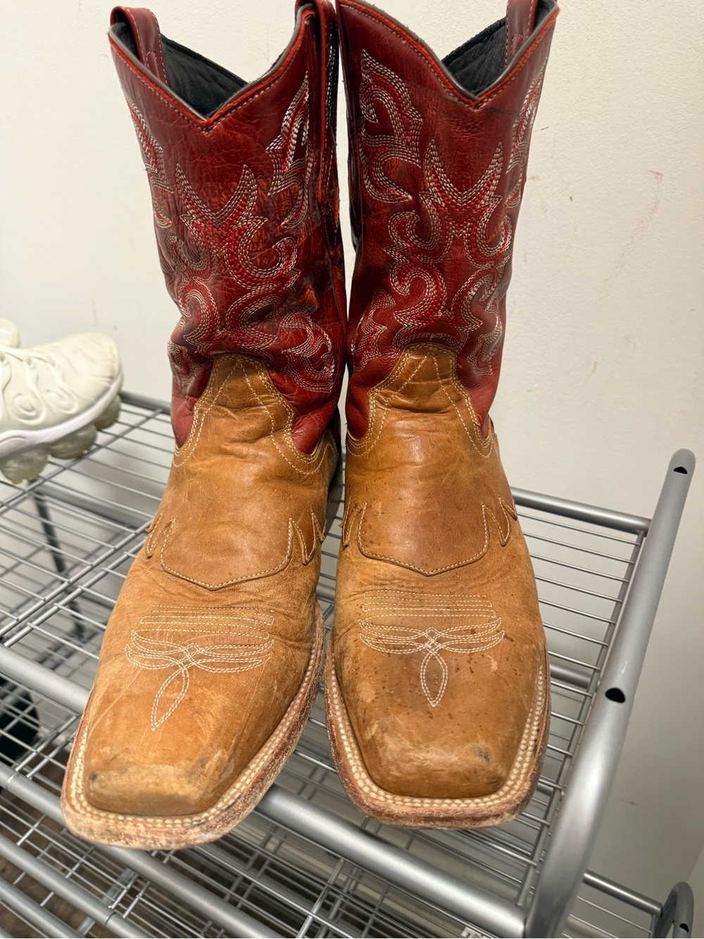 J.B. Dillon Two-Tone Square-Toe Western Boots in Red & Tan